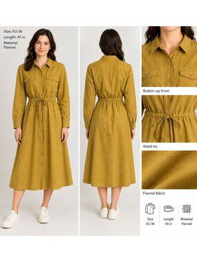 The Tiny Big Sister Women Shirt Dress Midi Mustard Flannel Cotton Pockets 36 (S)